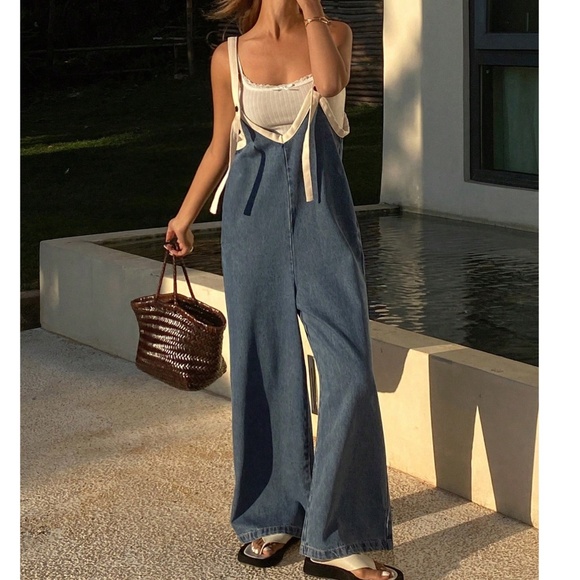 Dark Wash Wide Leg Pockets Denim Jeans Bib Jumpsuit - Picture 3 of 5